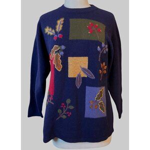 Country Rose Long Sleeve Lambswool Embroidered Fall Leaves Vintage Sweater Large